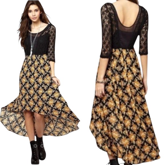 Free People Dresses & Skirts - Free People Lonesome Dove High Low Floral Lace Black Yellow Boho Dress Size 0